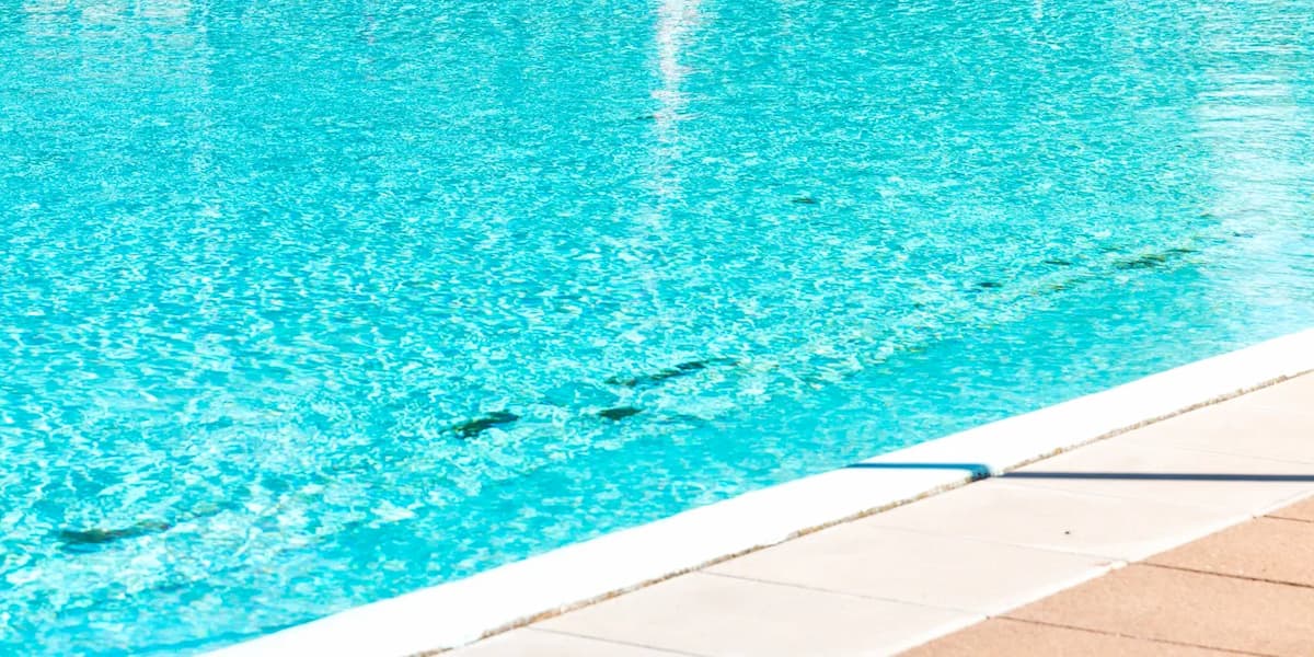 En stor swimmingpool med några bänkar runtomkring